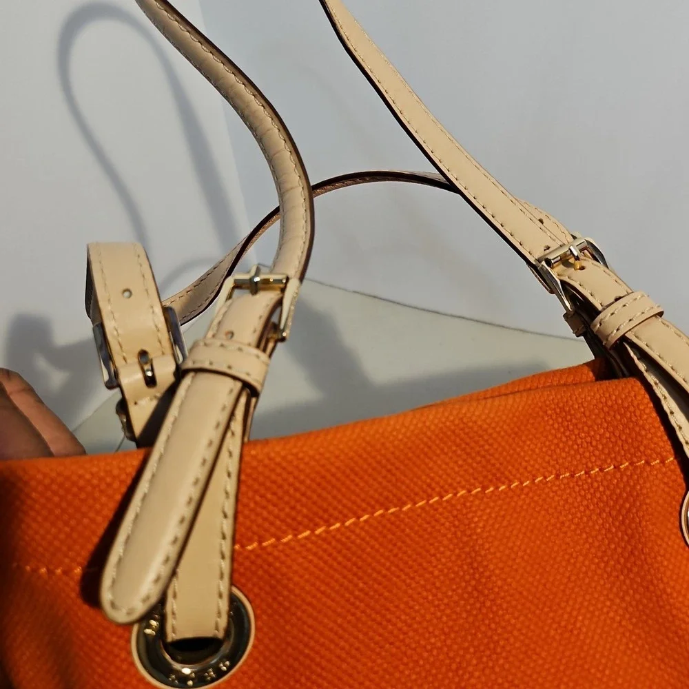 Michael Kors Large Orange Canvas Tote Beige Leather Handles